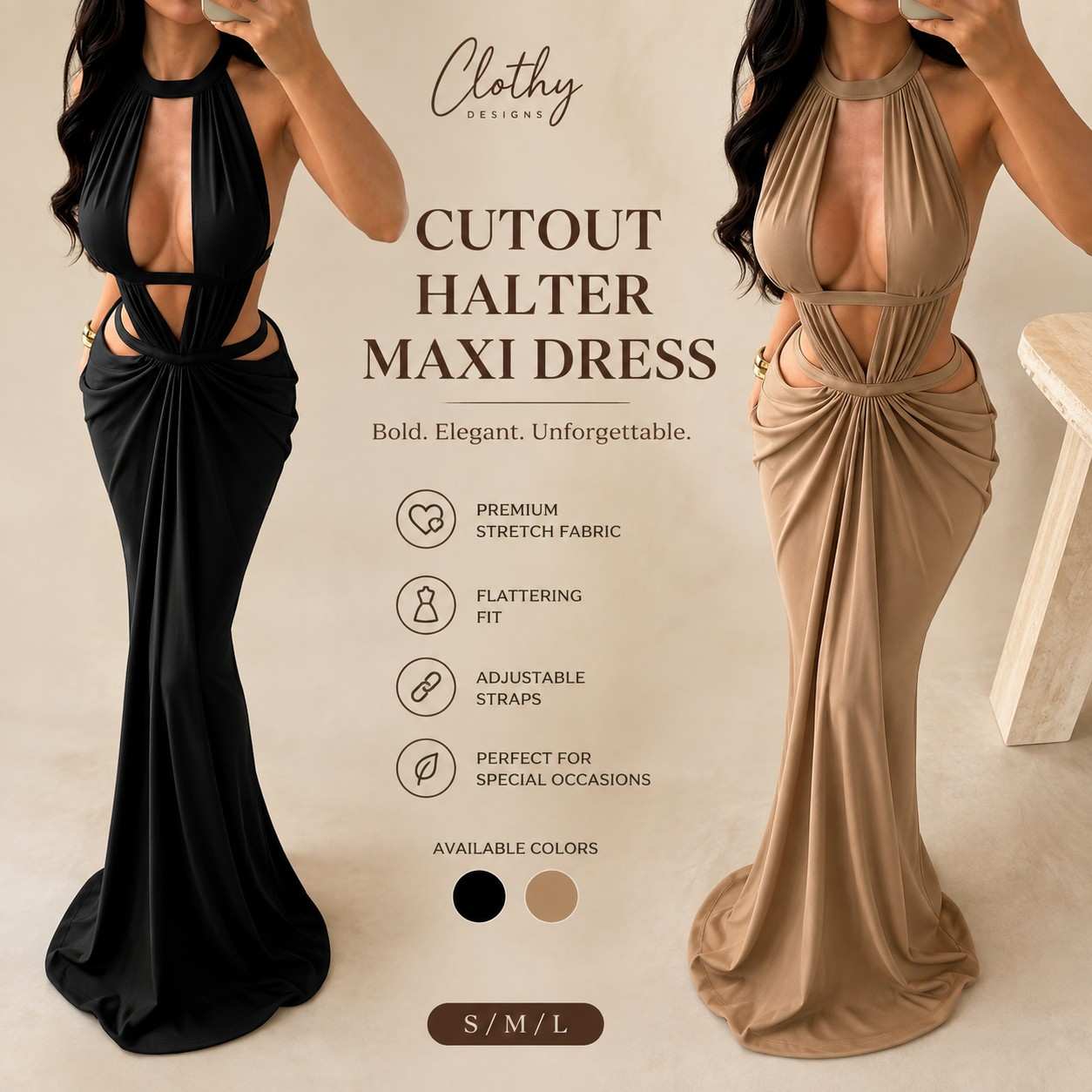 Elegant Halter Neck Cut-Out Backless Draped Maxi Dress for Women – Sleeveless Khaki Evening, Prom & Party Gown