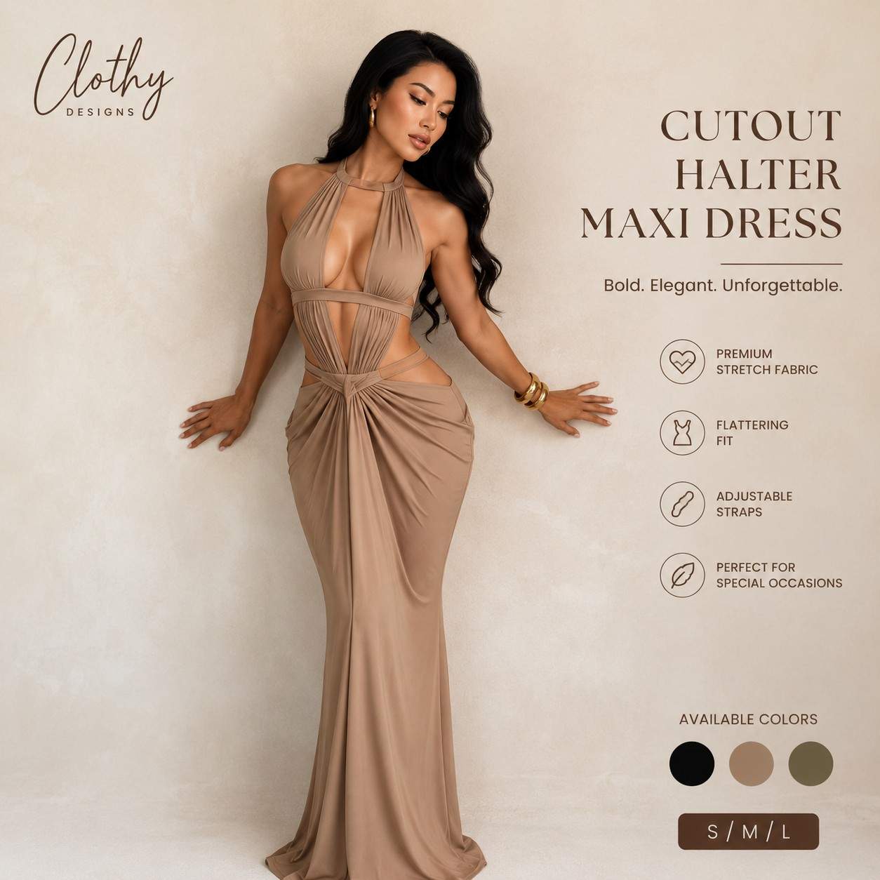 Elegant Halter Neck Cut-Out Backless Draped Maxi Dress for Women – Sleeveless Khaki Evening, Prom & Party Gown
