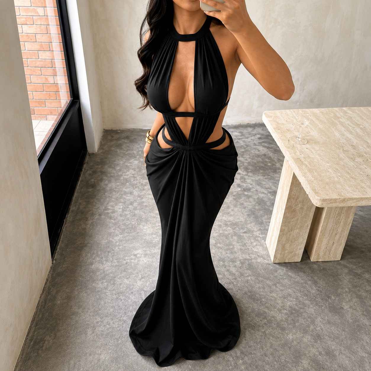 Elegant Halter Neck Cut-Out Backless Draped Maxi Dress for Women – Sleeveless Khaki Evening, Prom & Party Gown