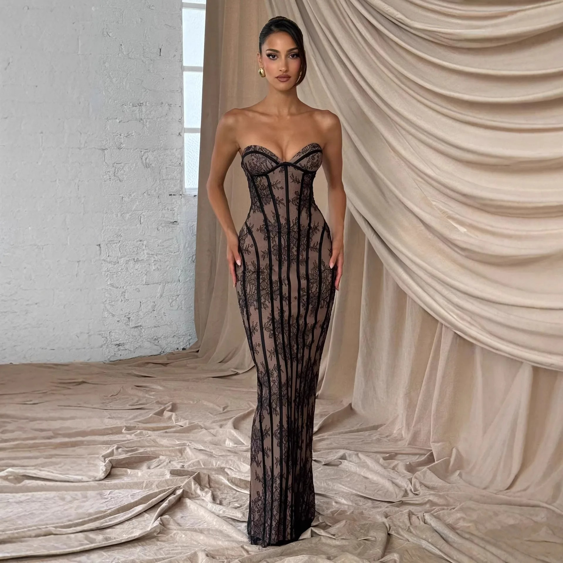 Women's Strapless Bodycon Maxi Dress – Elegant Backless Lace-Up Evening & Party Dress