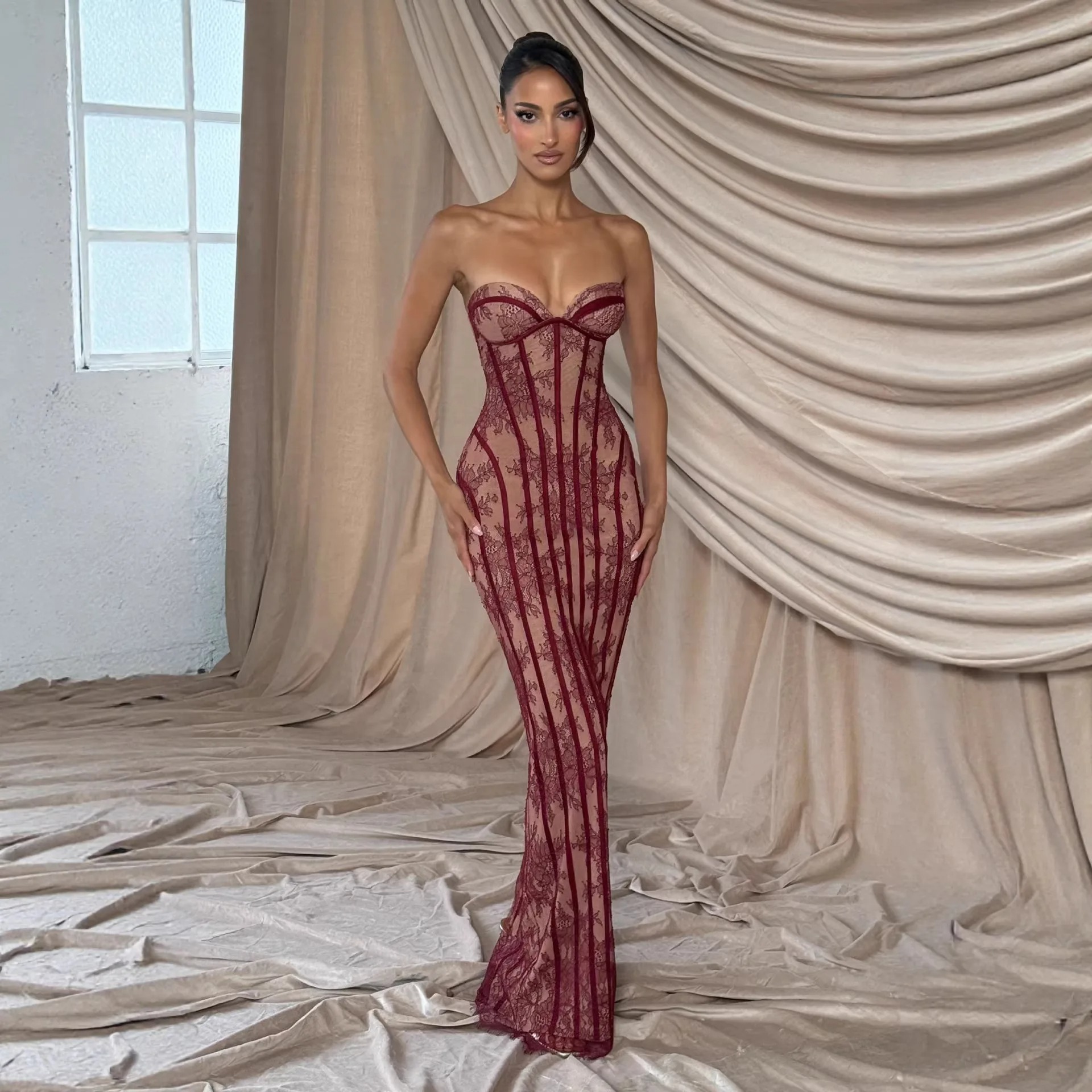 Women's Strapless Bodycon Maxi Dress – Elegant Backless Lace-Up Evening & Party Dress