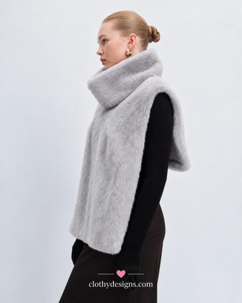 Women’s Faux Mink Asymmetrical Turtleneck Vest – Chic Winter Sleeveless Top