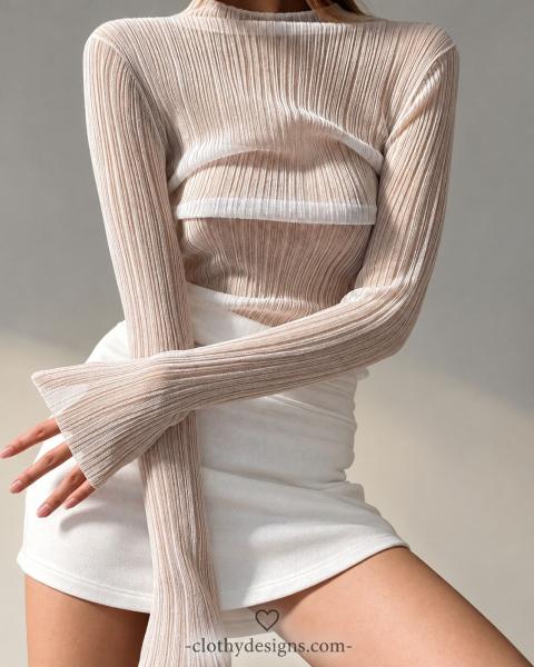 Women's Sheer Mock Neck Long Sleeve Top – Elegant Slim Fit See-Through T-Shirt, Sexy Fall Streetwear
