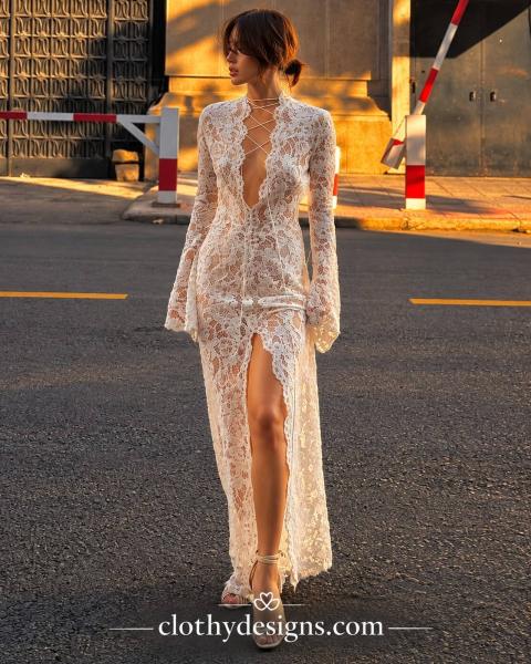 Women’s Sheer Lace Maxi Dress – Hollow-Out Draped Bandage Dress with Lace-Up Detail, Long Sleeves & High Split, Sexy Coquette Evening Wear