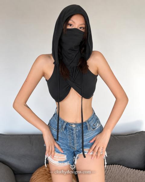 Women's Futuristic Hooded Balaclava Crop Top – Sleeveless Cross-Wrap Camisole, Sexy Techwear Streetwear