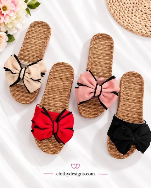 Women’s Cute Bow-Knot Linen Slippers – Soft Indoor Flat Shoes for Home